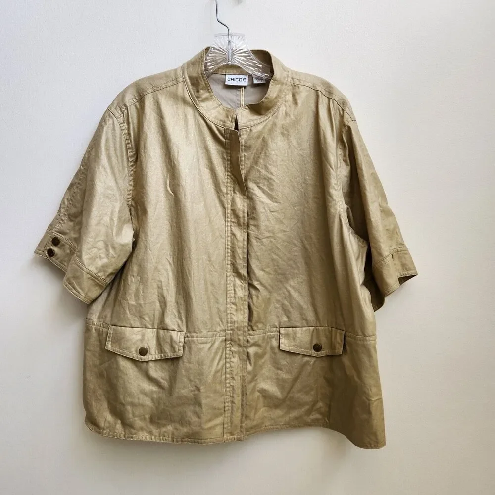 Chicos Jacket Women's 3 Gold Metallic Linen Full Zip Classic Career Evening Chic